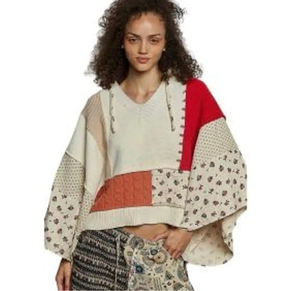 POL Boho Oversized Hooded Patchwork Poncho Pullover Top - Picture 3 of 3